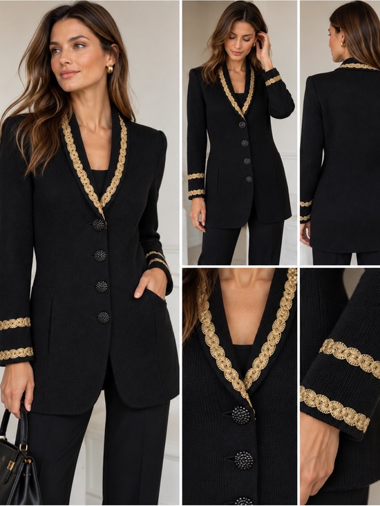 St. John Jackets & Blazers - Vintage St John Evening Marie Gray Black Gold Long Knit Jacket Sz 6 Jeweled